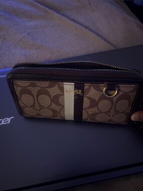 Coach Brown/Tan Signature Zip Wallet with Center Stripe